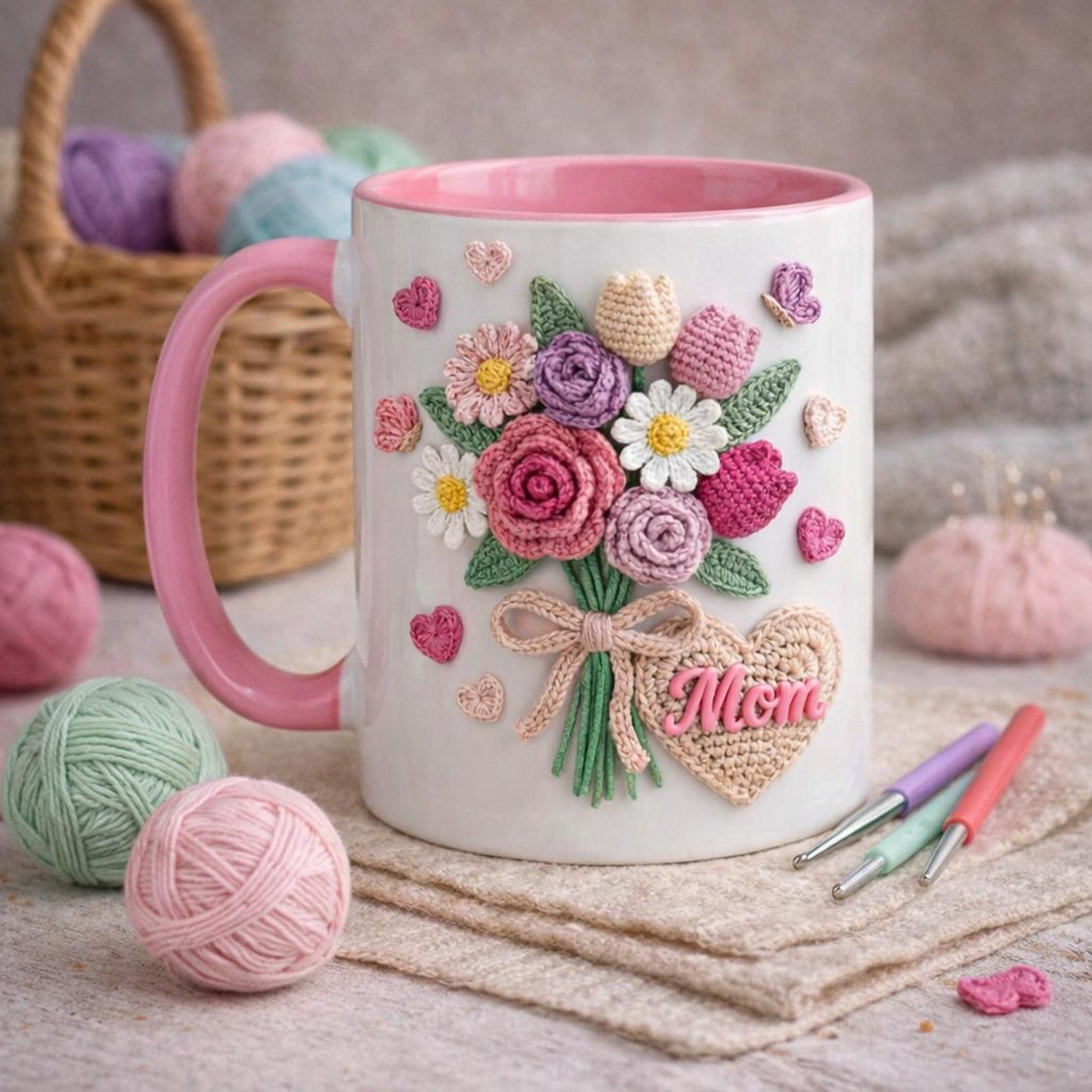 Custom 3D Crochet Mom Flower Bouquet Mug with Name, 11/15oz Ceramic Cute Floral Coffee Hot Cocoa Mug, Birthday/Mother's Day Gift for Her/Mom/Grandma