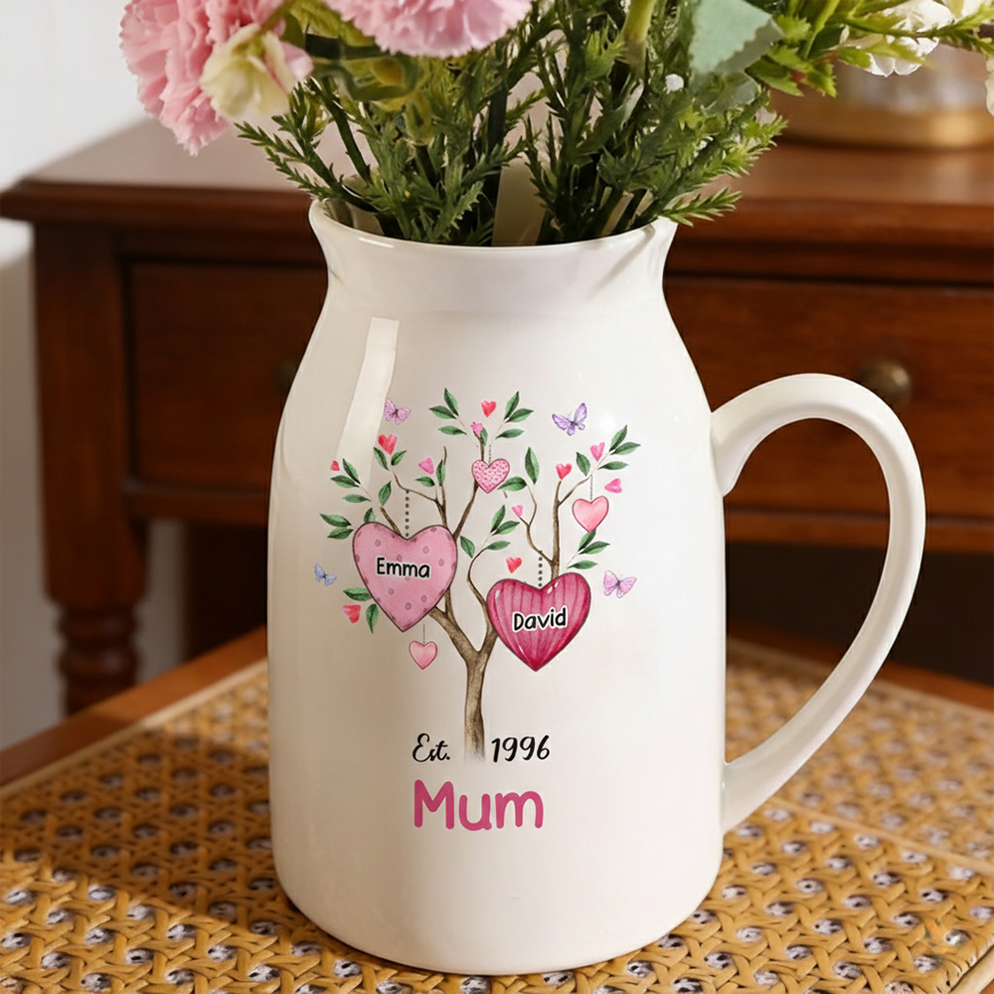Personalized Heart Family Tree Flower Vase with 2-8 Names, Ceramic Mug Vase with Handle, Home Decor, Birthday/Mother's Day Gift for Her/Mom/Grandma