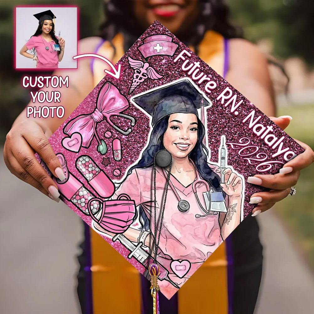 Personalized Photo Future Nurse Glitter Graduation Cap Topper with Name, Class of 2026 Mortarboard Topper, Cap Decor, Gift for Nurses/Medical Students