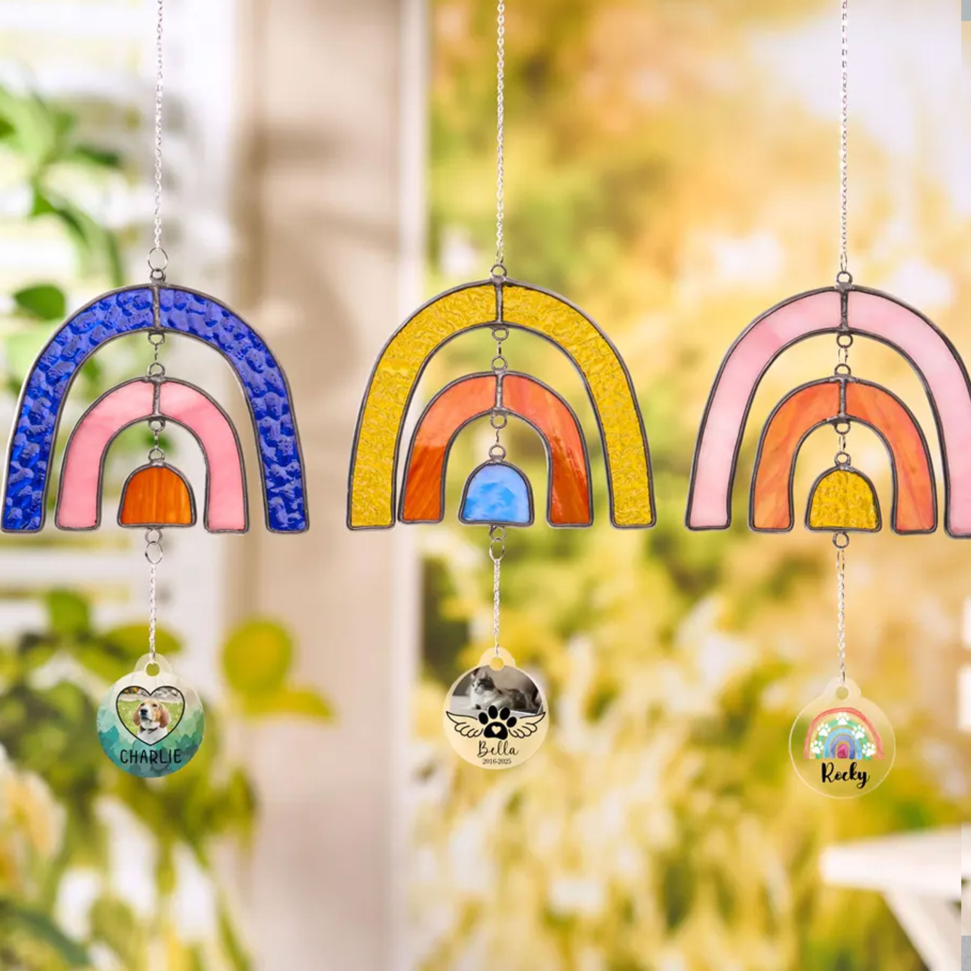 Personalized Rainbow Bridge Stained Glass Sun Catcher with Name, Pet Photo Memorial Window Car Hanging, Pet Loss Keepsake, Gift for Dog Mom/Pet Owners