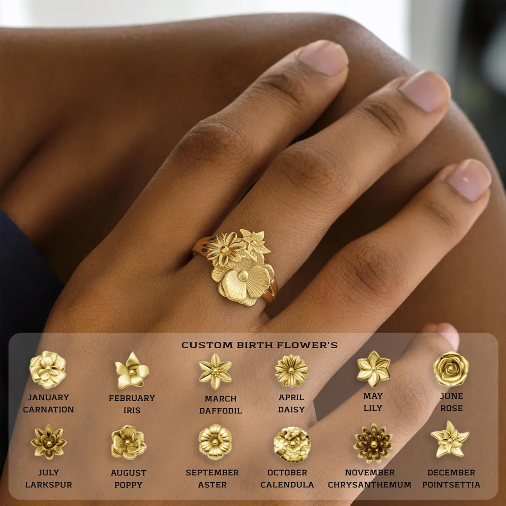 Personalized Birth Flowers Bouquet Ring, Vintage Relief Embossing Floral Family Ring, Memorial Jewelry, Birthday/Mother's Day Gift for Her/Mom/Grandma