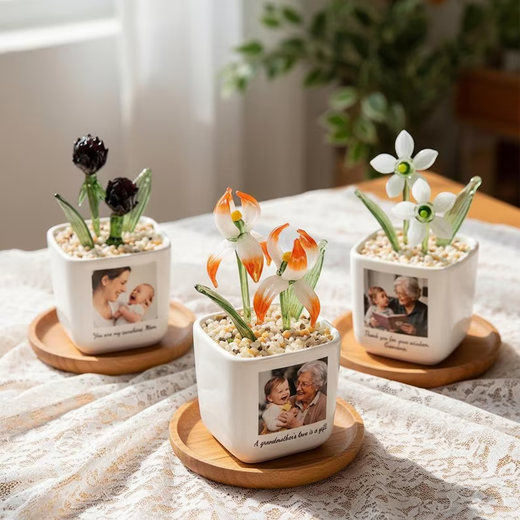 Personalized Photo Everlasting Birth Flower Glass Planter, Colorful Mom Floral Pot with Message, Home Decor, Mother's Day Gift for Mom/Grandma/Her