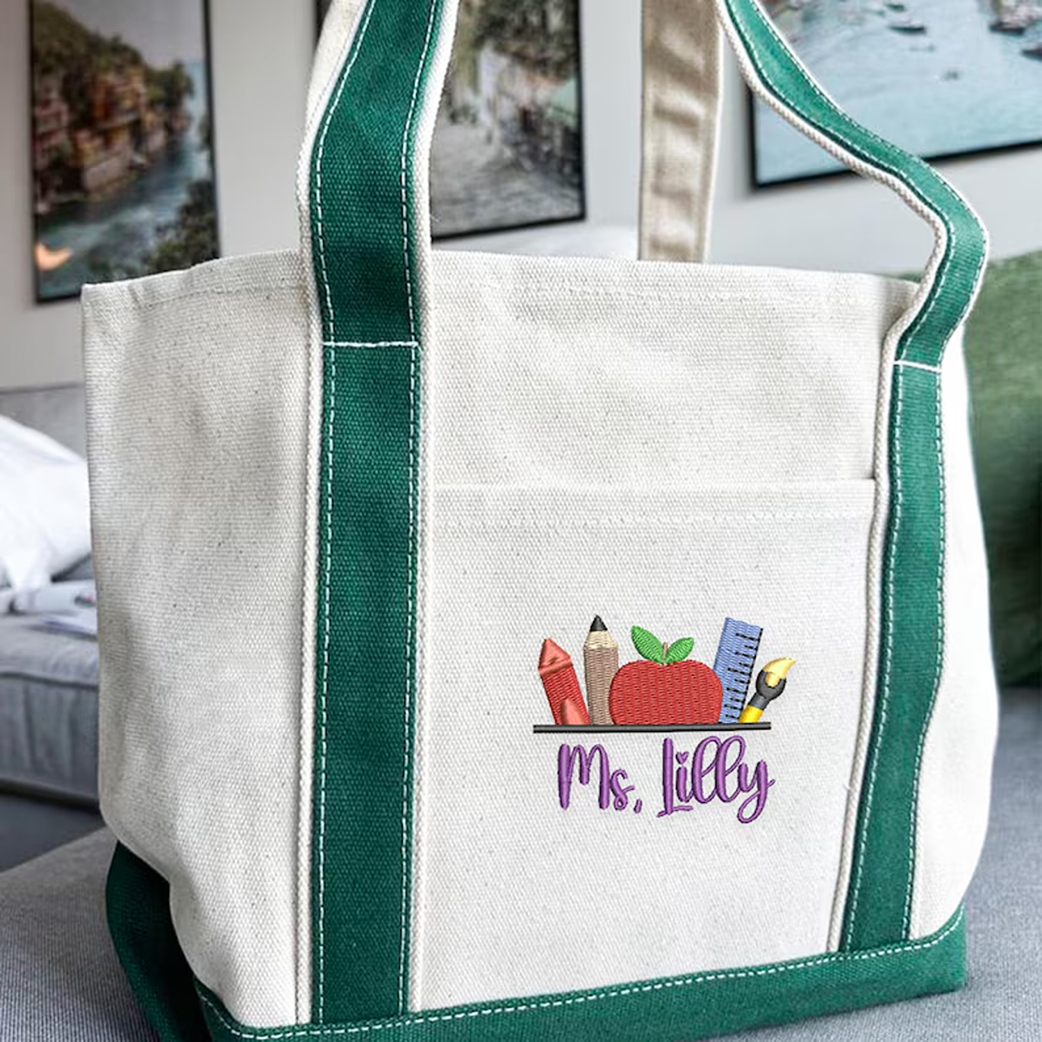 Custom Embroidered Name Cartoon Teacher Tote Bag, Whimsical Canvas Large Capacity Handbag, End of Year/Appreciation/Back to School Gift for Teachers