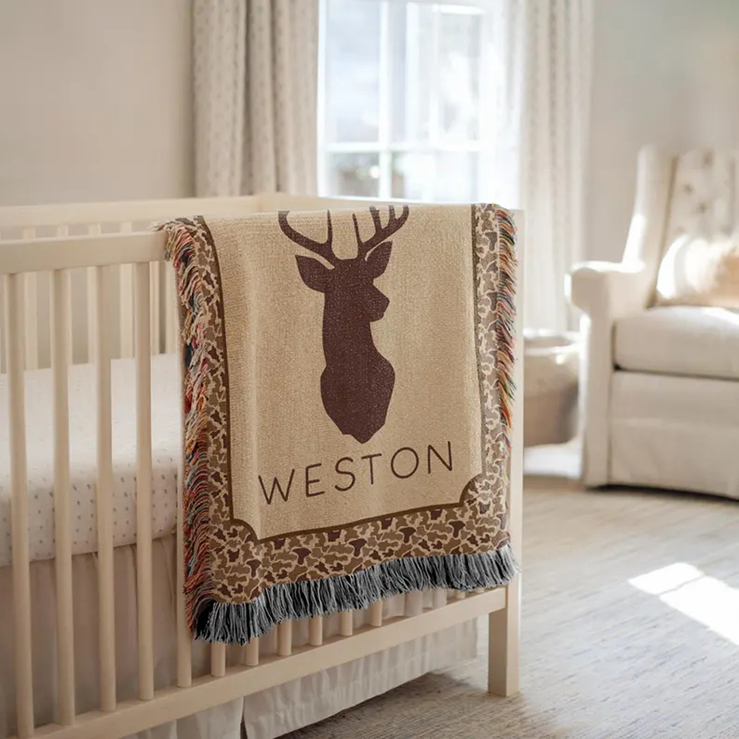 Personalized Name Camo Deer Hunt Theme Blanket with Tassels, Soft Woven Bed Couch Throw, Nursery Decor, Baby Shower/Birthday Gift for Newborns/Kids