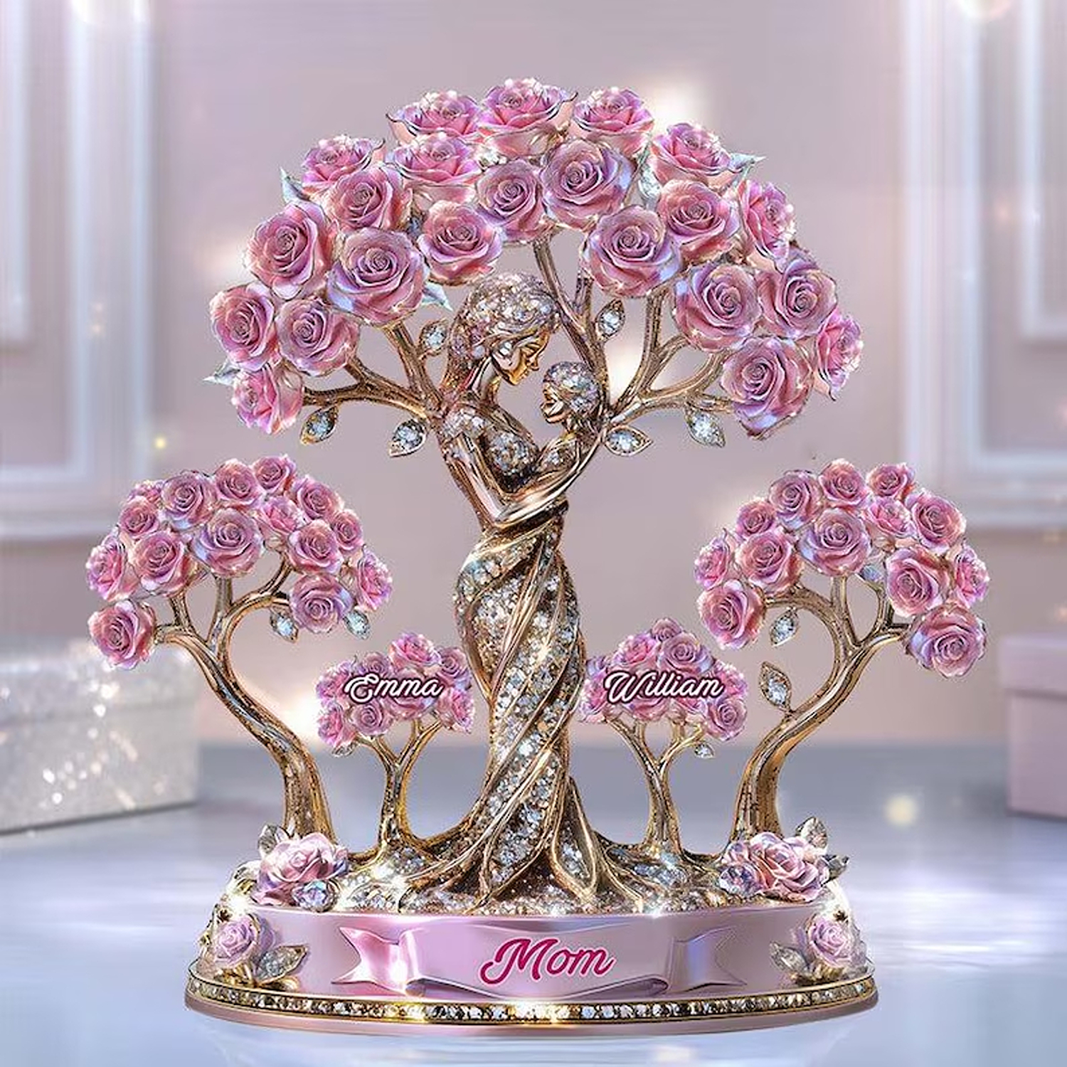 Custom Mom & Kid Rose Tree of Life Plaque with Names, Acrylic Motherhood Sculpture, Memorial Keepsake, Mother's Day/Birthday Gift for Mom/Grandma/Her