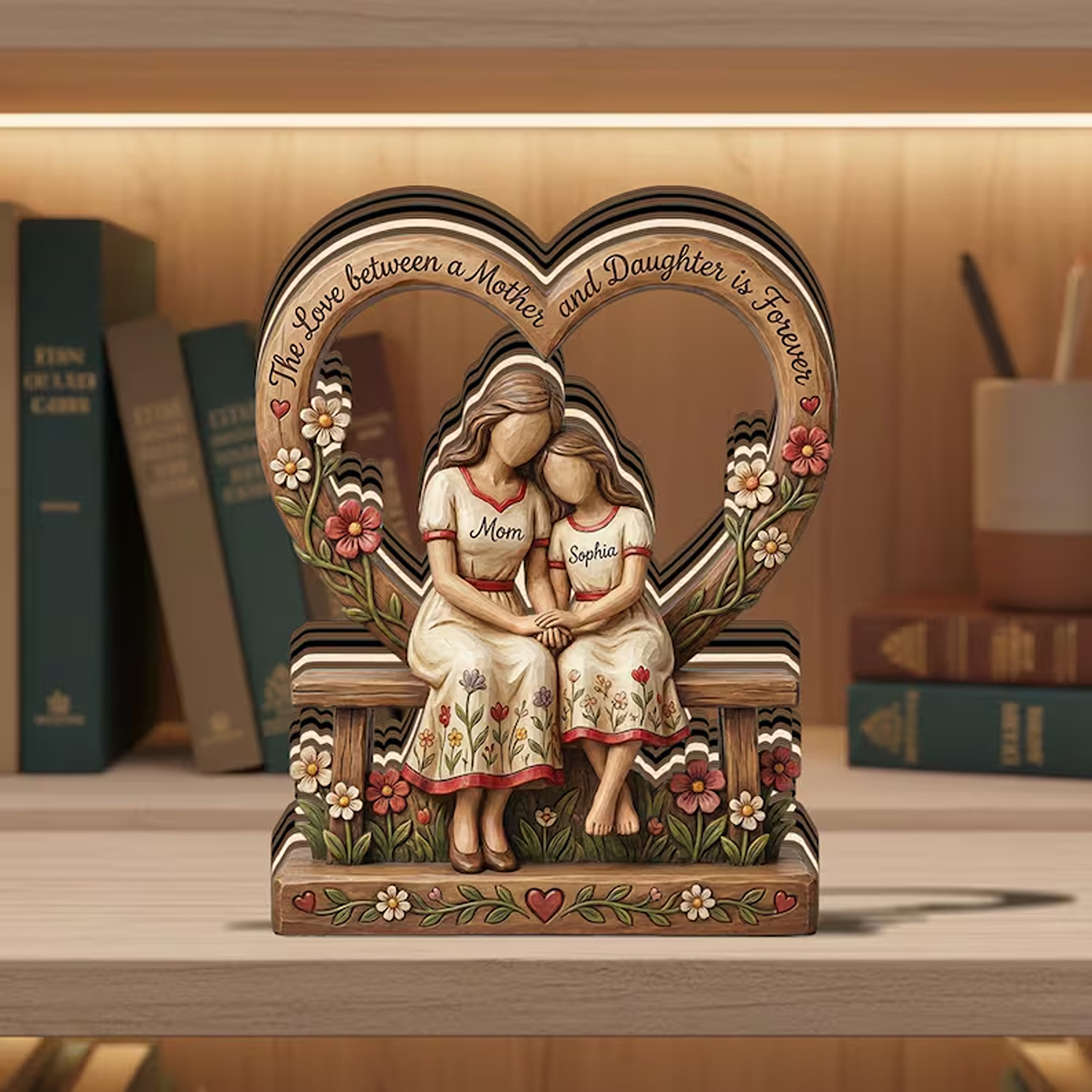 Personalized Mother & Daughter Heart-Shaped Plaque with Names, Wooden Sculpture with Base, Memorial Keepsake, Mother's Day Gift for Mom/Grandma/Her