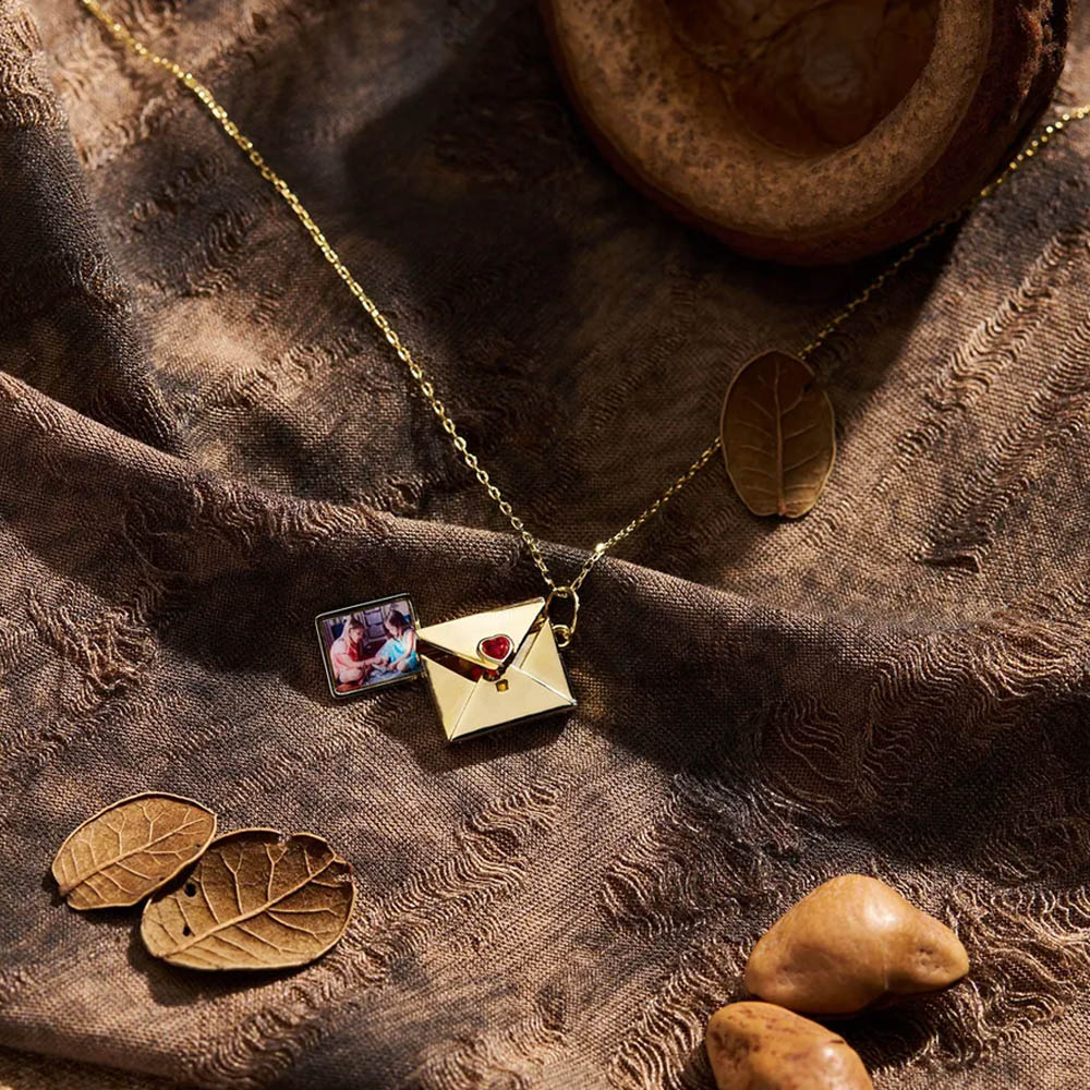 Personalized Photo Envelope Locket Necklace with Heart Birthstone, Dainty Memorial Family Jewelry, Birthday/Mother's Day Gift for Her/Mom/Grandma