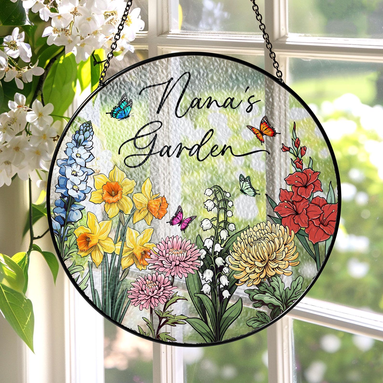Custom 1-6 Birth Flowers Mom's Garden Suncatcher, Family Stained Glass Window Decor, Memorial Keepsake, Mother's Day/Birthday Gift for Mom/Grandma/Her