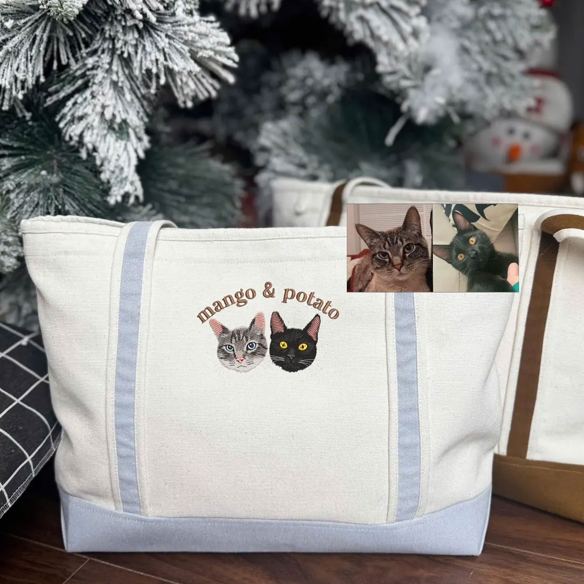 Personalized Embroidered Pet Portrait Canvas Tote Bag with Name, Daily Cat/Dog Photo Heavy-Duty Portable Travel Handbag, Gift for Pet Owners/Lovers