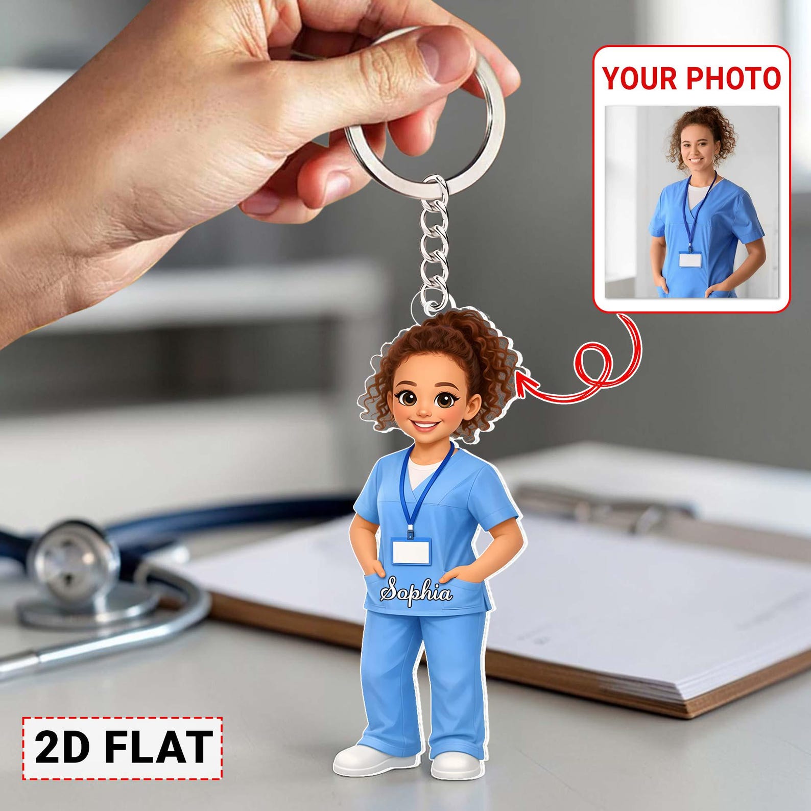 Custom Photo Cartoon 2D Flat Nurse Keychain with Name, Acrylic Healthcare Worker Keyring, Appreciation/Graduation Gift for Nurse/Doctors/Medical Staff