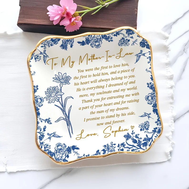 Custom Birth Flower Toile De Jouy Mother-in-Law Jewelry Dish with Name, Ceramic Handwritten Letter Trinket Tray, Mother's Day Gift for Mother-in-Law