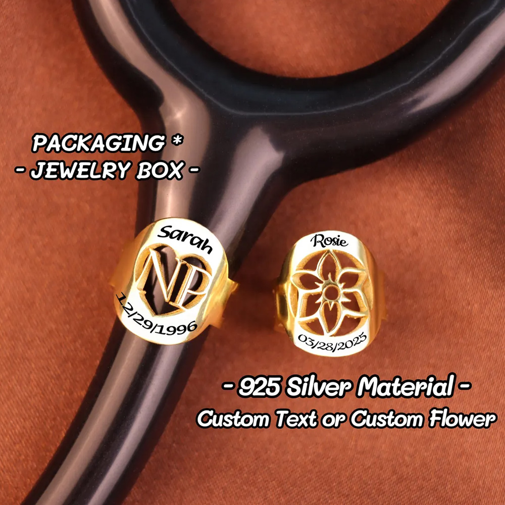 Custom Name Stethoscope Ring with Birth Flower, Dainty Stethoscope ID Tag, Graduation/Nurses Week/Appreciation Gift for Nurse/Doctor/Medical Staff