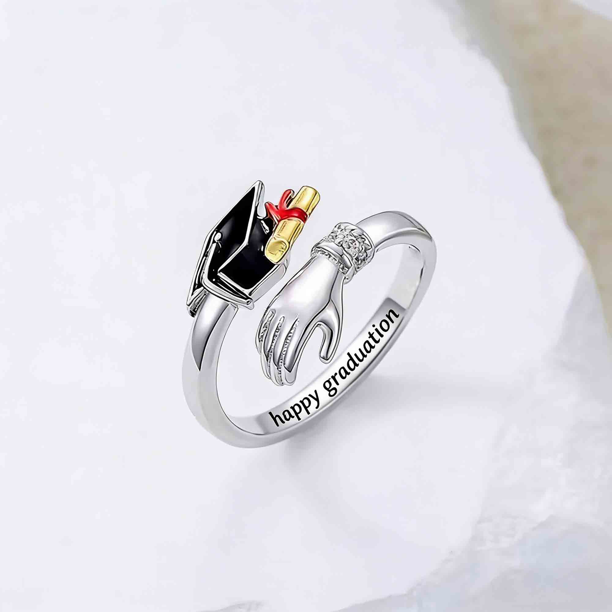 Personalized Engraved Graduation Cap Hug Ring, Sterling Silver 925 Commemorative Adjustable Ring, Class of 2026 Graduation Jewelry, Gift for Graduates