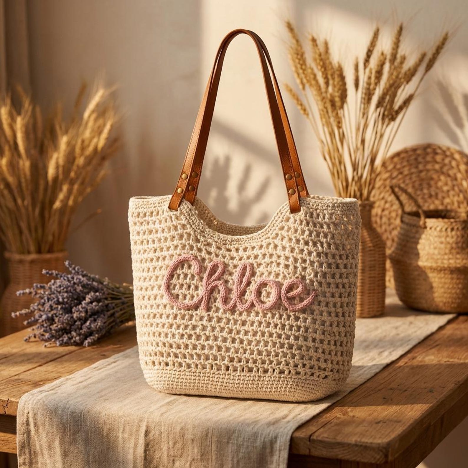 Personalized Embroidered Name Crochet Beach Tote, Woven Boho Summer Shoulder Bag, Vacation/Pool Party Travel Handbag, Gift for Her/Besties/Friends
