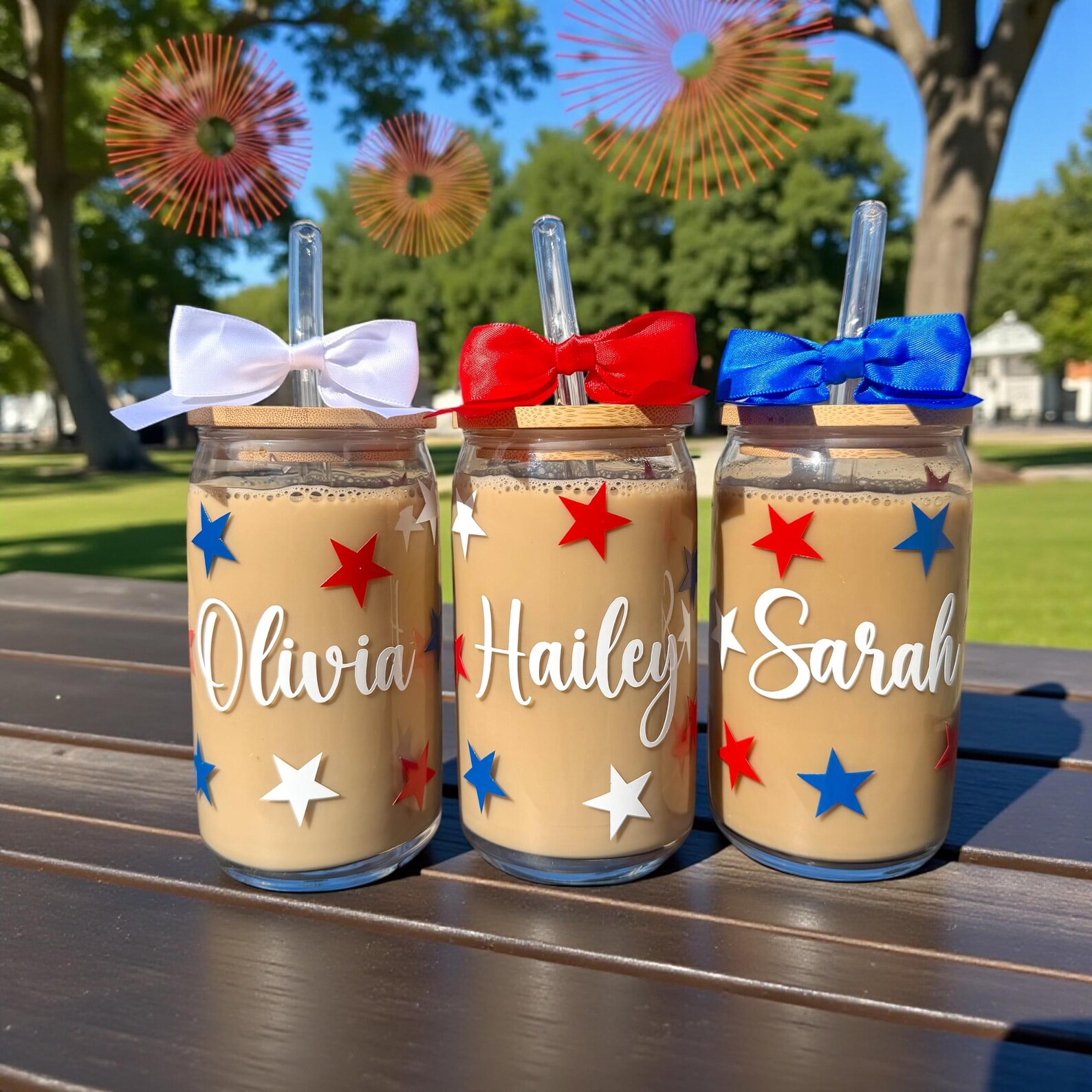 Custom Name 4th of July Patriotic Star Bow Glass Tumbler with Straw, Reusable Iced Coffee Glass with Lid, Summer Camp Favor, Gift for Family/Friends