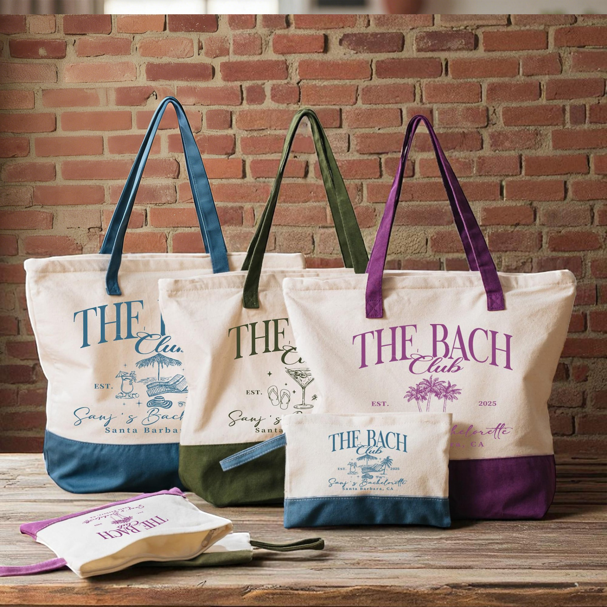 Custom Bach Club Tote Bag & Pouch Set, Canvas Vintage Beach Travel Handbag, Bachelorette Party Favor, Bridal Shower/Wedding Gift for Her/Bridesmaid
