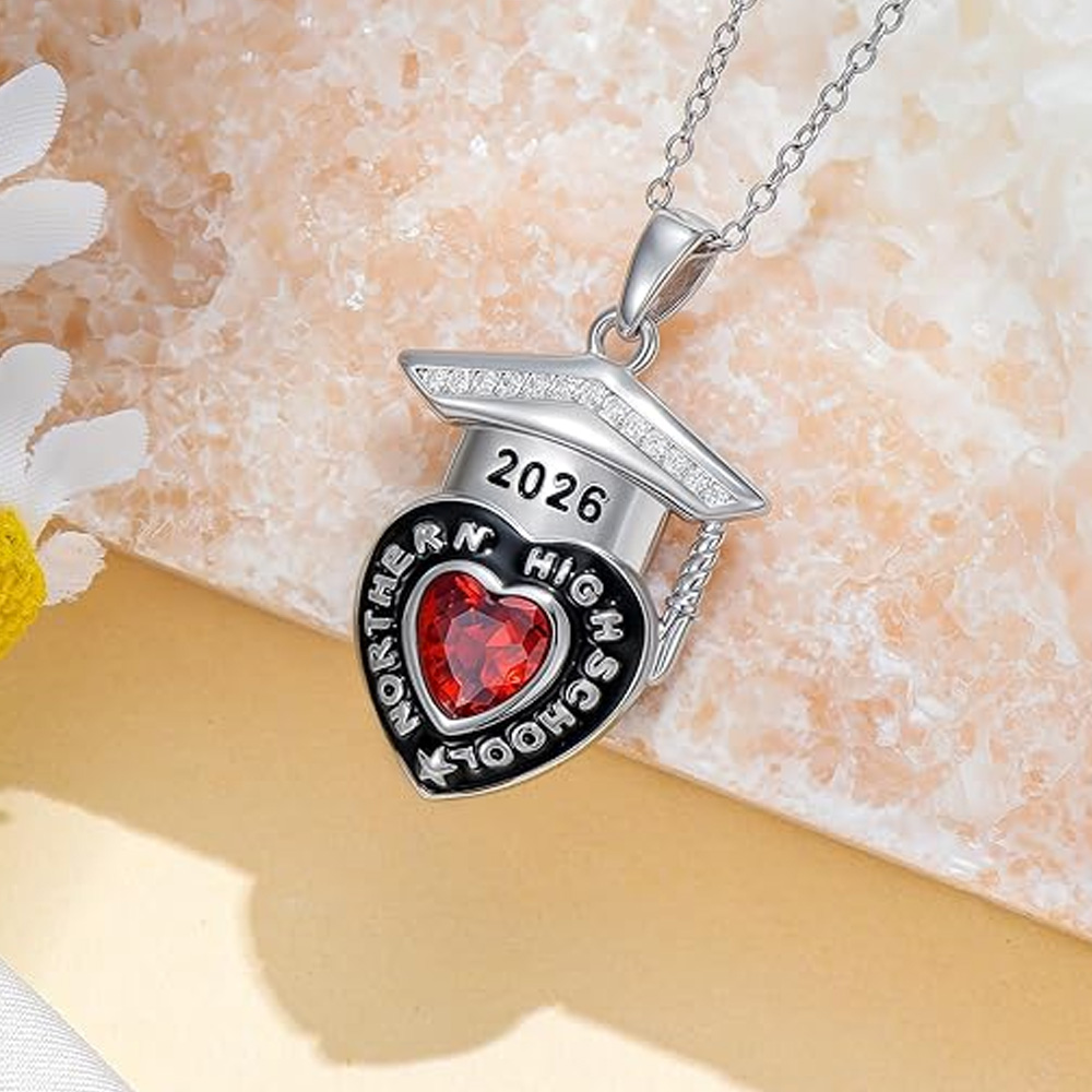 Custom Birthstone Grad Cap Necklace with Name, Sterling Silver 925 Engraved Class of 2026 Jewelry, Congratulations Party Favor, Gift for Graduates