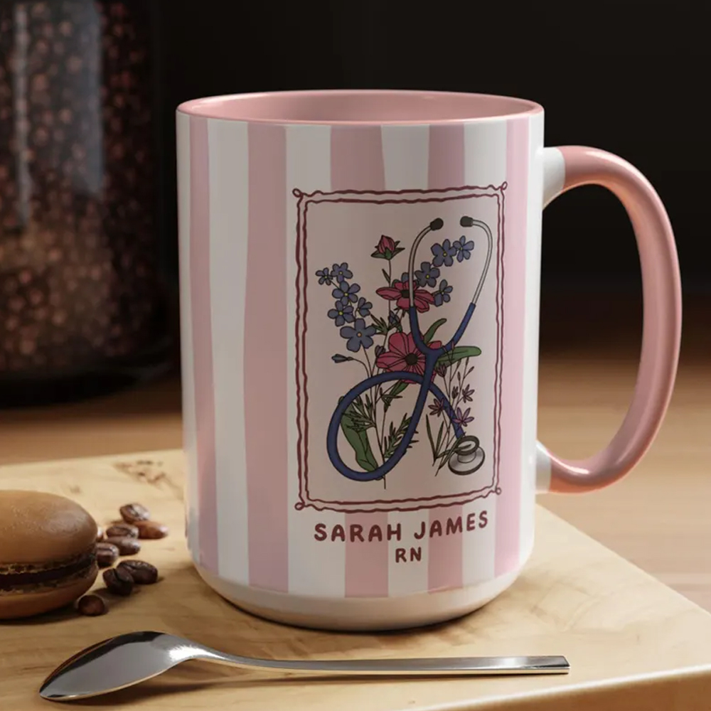 Custom Nurse Floral Stethoscope Striped Mug with Name, RN 11oz/15oz Two Tone Ceramic Coffee Mug, Appreciation/Graduation Gift for Nurses/Medical Staff
