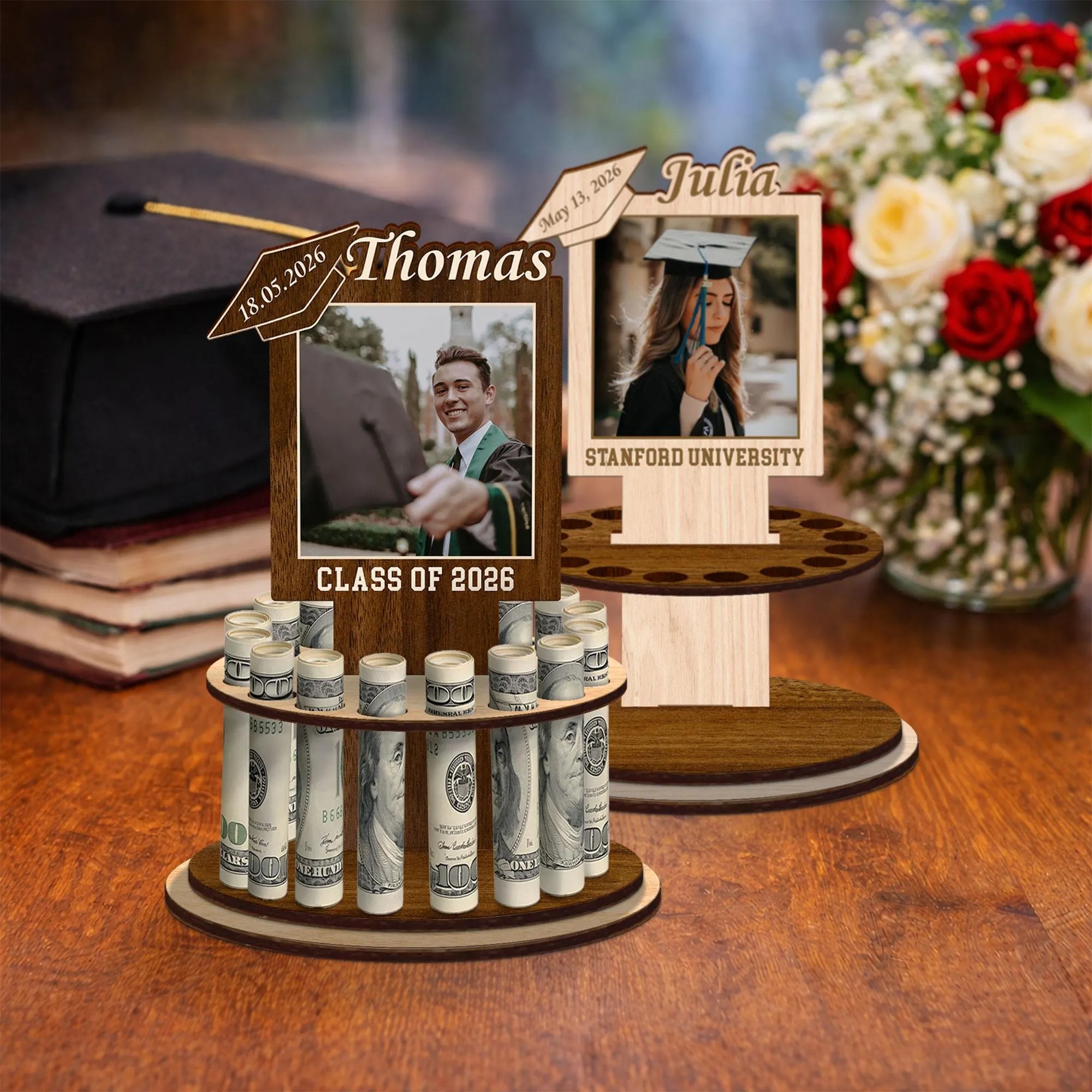 Personalized Name Graduation Money Gift Display with Photo Frame, Wooden Rolled Bill Cake Design Holder, Graduation Ceremony Decor, Gift for Graduates