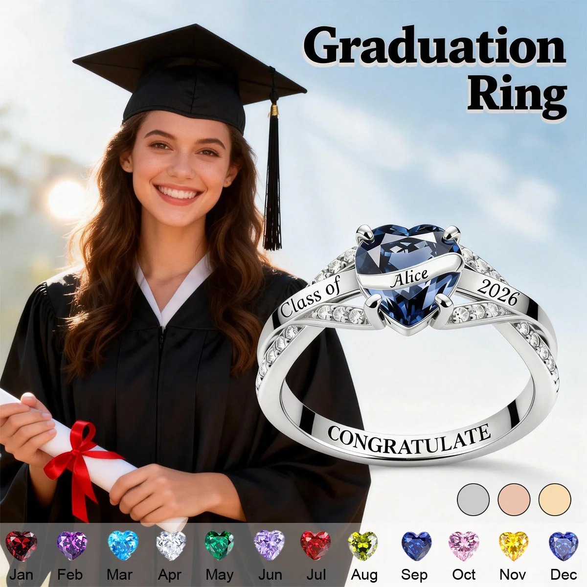 Custom Heart Birthstone Graduation Cap Zircon Ring with Name, Dainty Sterling Silver 925 High School/College Jewelry, Celebration Gift for Graduates