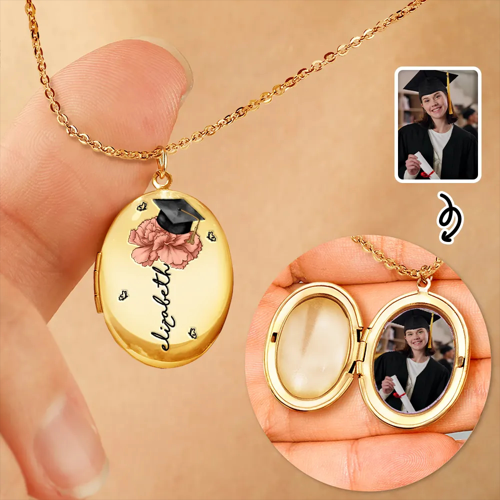 Personalized Graduation Gift Birth Flower, Custom Photo Locket Necklace