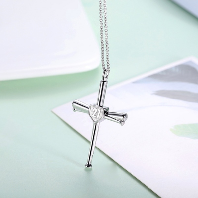Engraved Double Side Baseball Cross Necklace