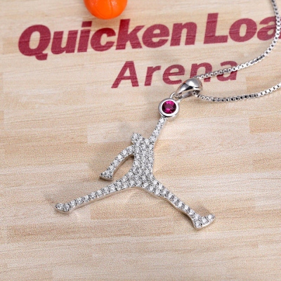 Personalized Flying Basketball Necklace with Birthstone In silver