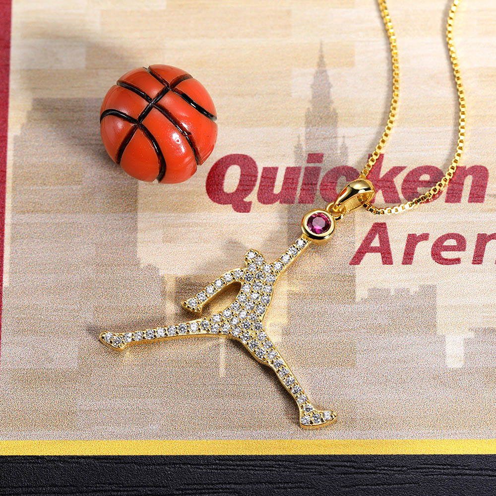 Personalized Flying Basketball Necklace with Birthstone In Gold