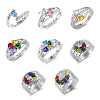Personalized and Engraved Heart Assortment Birthstones Silver Ring