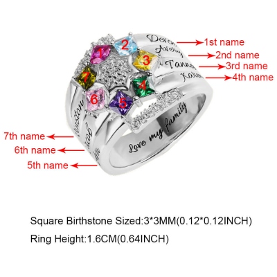 Customized One to Nine Square Birthstones Silver Engraved Ring