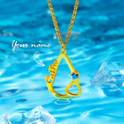 Personalized Heart & Birthstone Water Drop Necklace in Gold