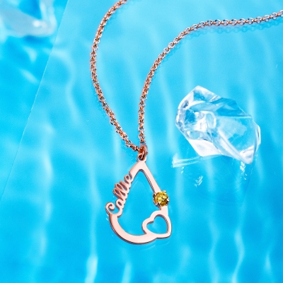 Personalized Heart & Birthstone Water Drop Necklace in Rose Gold