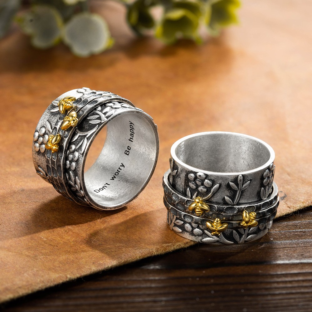 Gepersonaliseerde Bee Fidget Ring, Sterling Silver 925/Brass Spinner Ring, Floral Flower Ring, Meditatie Spinning Wide Band, Angst Worry Fidget Ring