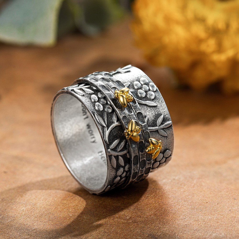 Gepersonaliseerde Bee Fidget Ring, Sterling Silver 925/Brass Spinner Ring, Floral Flower Ring, Meditatie Spinning Wide Band, Angst Worry Fidget Ring
