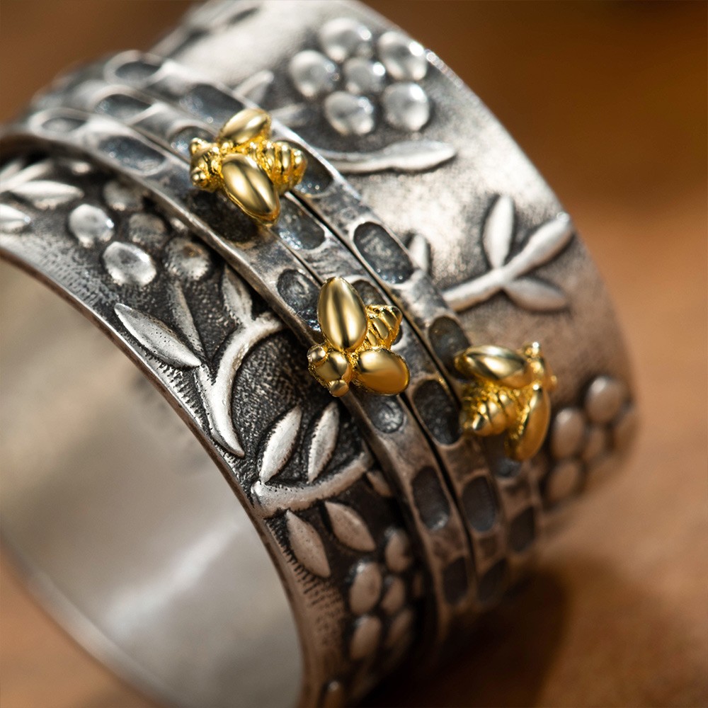 Anello personalizzato Bee Fidget, Sterling Silver 925/Brass Spinner Ring, Anello di fiori floreali, Meditazione Spinning Wide Band, Anxiety Worry Fidget Ring
