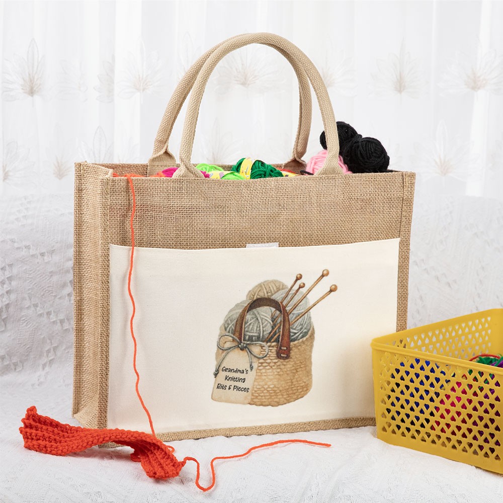 Personalized Knitting Jute Bag, Tote Bag, Large Knitting Bag, Lunch Bag, Knitting Storage, Knitter Gift, Gift for Mom/Grandma/Knitting Lovers