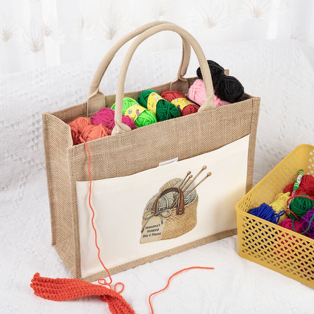 Personalized Knitting Jute Bag, Tote Bag, Large Knitting Bag, Lunch Bag, Knitting Storage, Knitter Gift, Gift for Mom/Grandma/Knitting Lovers