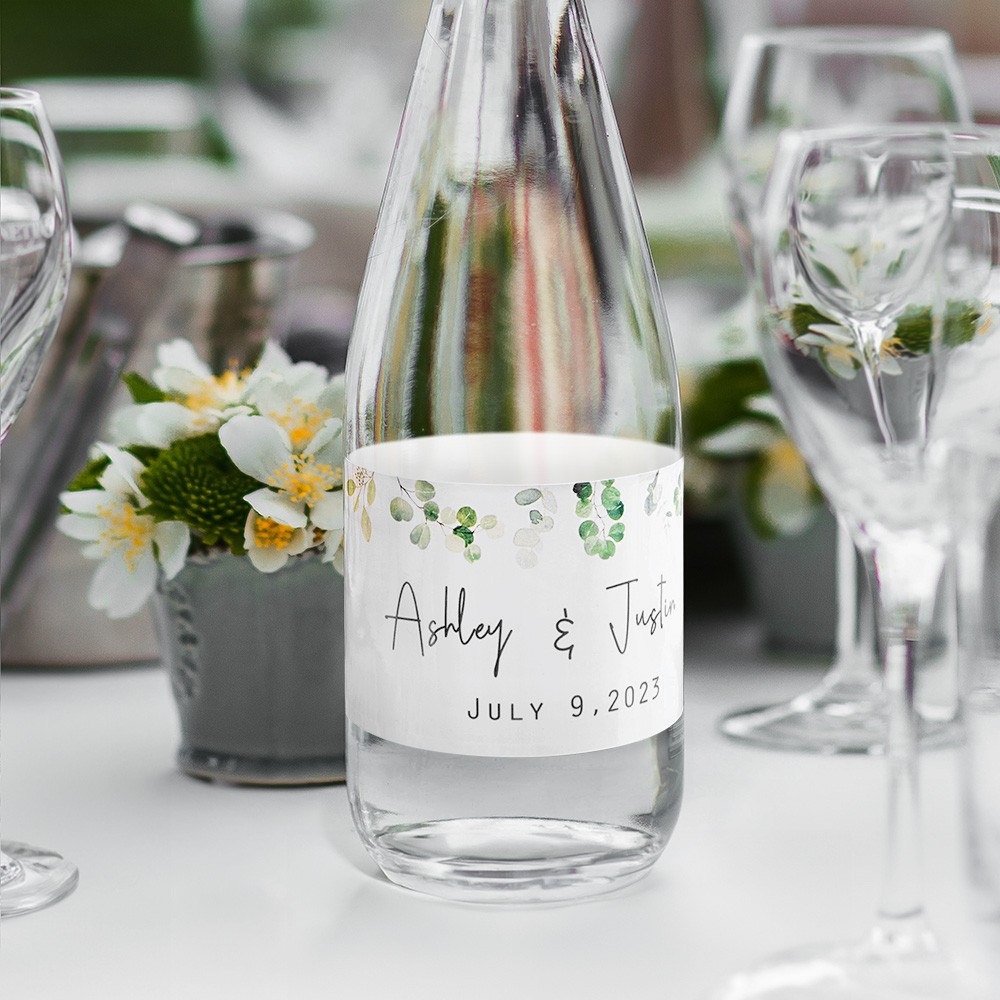 Anpassat namn och datum Modern grönska bröllopsvattenflaskaetikett, set med 30 st, bröllopsvattenflasketikett för förlovning/bröllopsduschfest, bröllopspresent