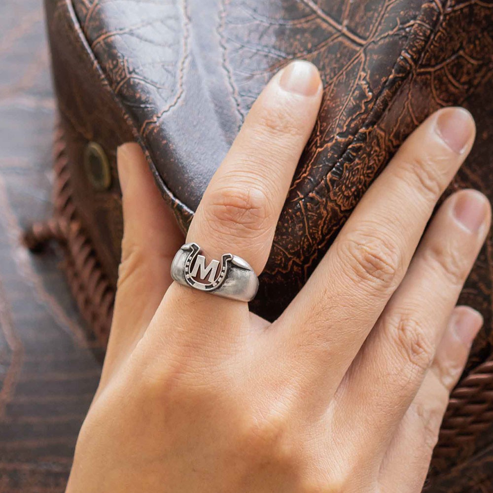 Customized Initial Horseshoe Men's Ring with Engraved Text, Father's Day Birthday Gift for Him, Horse Riders