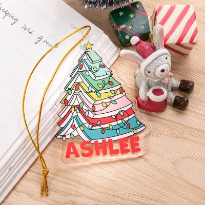 Custom Name Christmas Book Tree Ornament, Acrylic Holiday Tree Hanging Decor Keepsake, Bookshelf Ornament, Christmas Gift for Book Lovers/Librarians