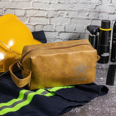 Custom Name Firefighter Leather Toiletry Bag, Waterproof Men's Dopp Kit, Travel Accessory, Groomsmen Gift, Father's Day/Birthday Gift for Him/Dad