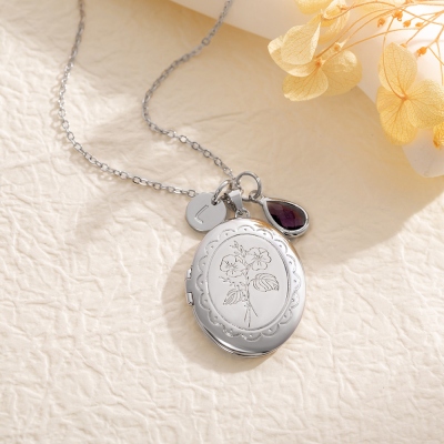Custom Birth Flower Photo Locket Necklace with Birthstone & Initial/Cross Charm, Women's Jewelry, Birthday/Mother's Day/Anniversary Gift for Her/Mom