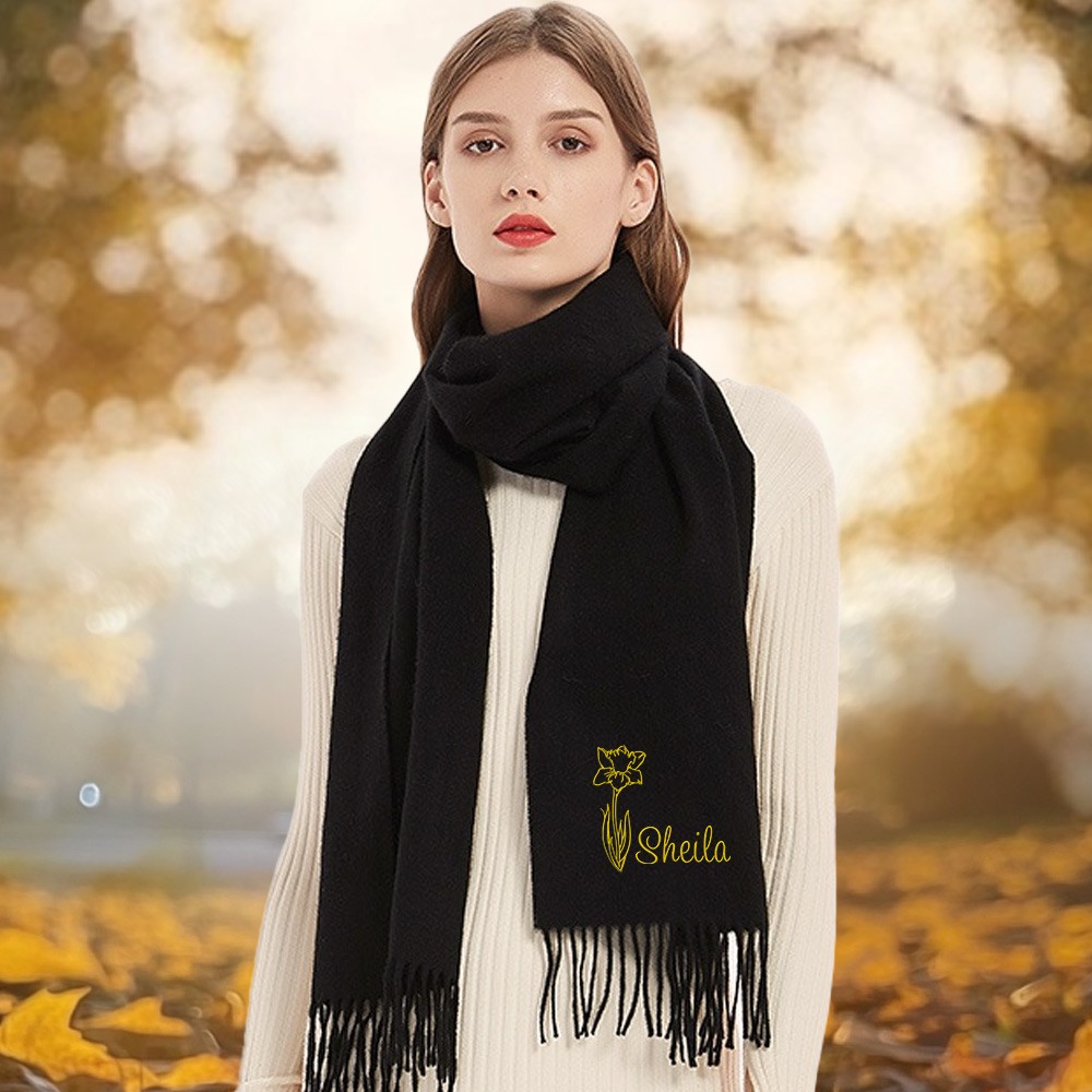 Personalized Embroidered Birth Flower Name Scarf