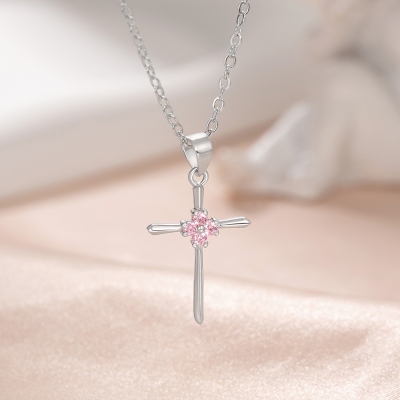 Custom Four-Leaf Clover Birthstone Cross Necklace, Religious Necklace, Sterling Silver 925 Christian Jewelry, Birthday/Christening Gift for Women