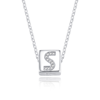 Personalized Initial Cube Pendant Necklace with Cubic Zirconia, Sterling Silver 925 Minimalist Jewelry, Anniversary/Birthday Gift for Family/Friends