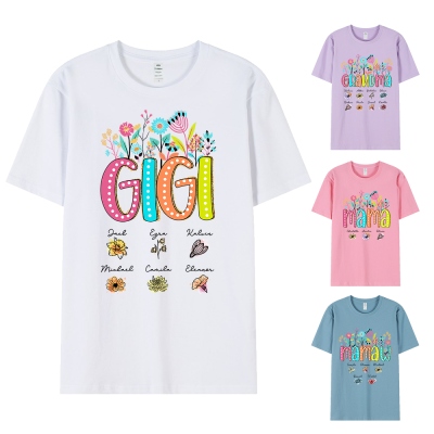 Personalized Birth Flowers Mom's/Grandma's T-shirt with Kids' Names, Floral Crewneck T-shirt, Birthday/Mother's Day Gift for Her/Mom/Grandma
