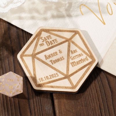 Personalized DND Wood Wedding Save The Date Magnets, DND Wedding favor, D20 Dice Refrigerator Magnet, Wedding Invitations Wood Magnet, Wedding Magnet
