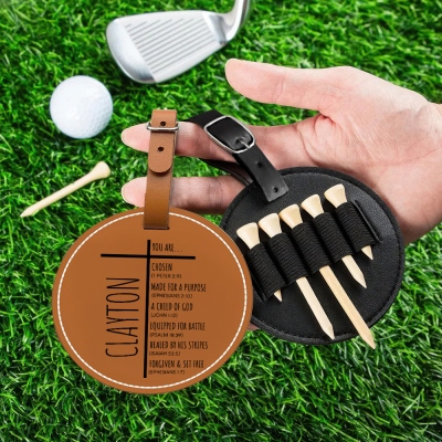 Personalized Name Cross Bible Verses Golf Tee Holder with 5 Tees, Men's Leather Golf Bag Tag, Birthday/Father's Day Gift for Him/Dad/Golfing Lovers