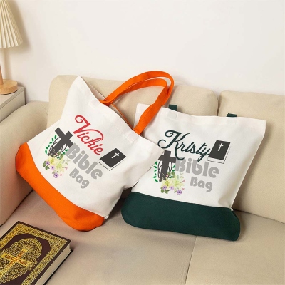 Personalized Cross & Floral Bible Tote Bag with Name, Large Capacity Canvas Contrast Color Bible Study Bag, Christian Gift for Her/Mom/Family/Women