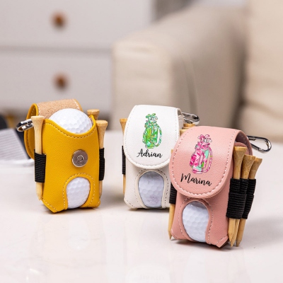 Custom Name Golf Cart Bag Design Ball & Tees Pouch, PU Leather Golf Ball Storage Bag with Belt Clip, Golf Accessories, Gift for Golf Lovers/Players